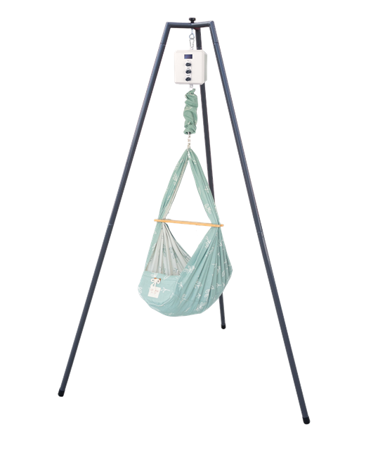 die-kleine-Schnullerbacke-QOOKIE-Swing-Federwiegen-Set-Baby-mit-Schafwoll-Matratze-Gestell-anthrazit-floral-mint