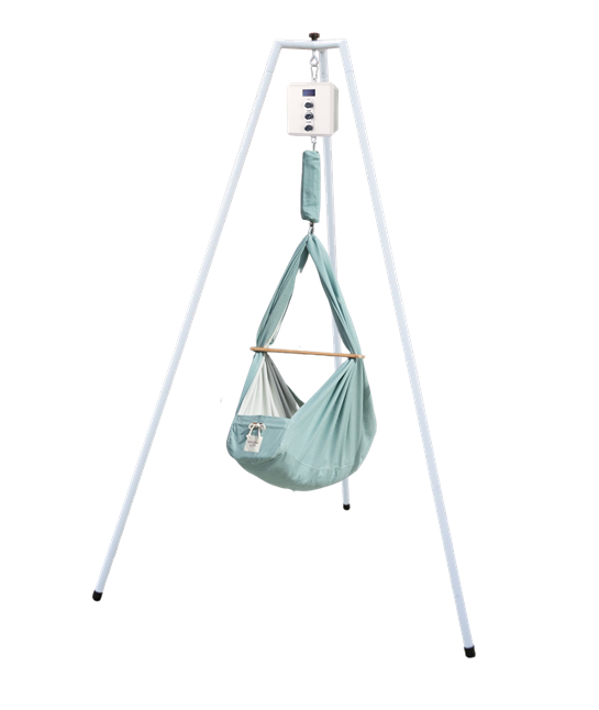 die-kleine-Schnullerbacke-QOOKIE-Swing-Federwiegen-Set-Baby-mit-Schafwoll-Matratze-Gestell-weiss-mint